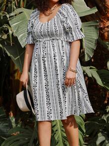 SHEIN Clasi Plus Size Floral Printed Flounce Sleeve Shirred Panel Dress - Multicolor - View 5