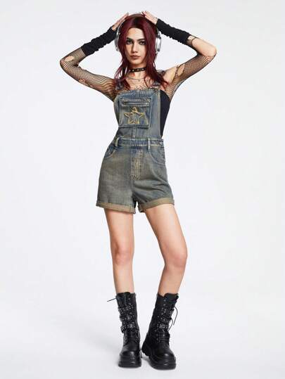 Grunge Punk Salopette In Denim Vintage Con Tasche E Orlo Con Stampa A Stelle