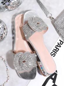 SHUZIA Women Shoes Round Toe Silver Fashionable Rhinestone Flat Sandals Fashion Flat Sandal Summer Shoes Spring Shoes Spring Break Easter Vacation Shoes Casual Shoes Beach Shoes Mother's Day Present Valentine's Day Summer Shoes - Silver - View 2