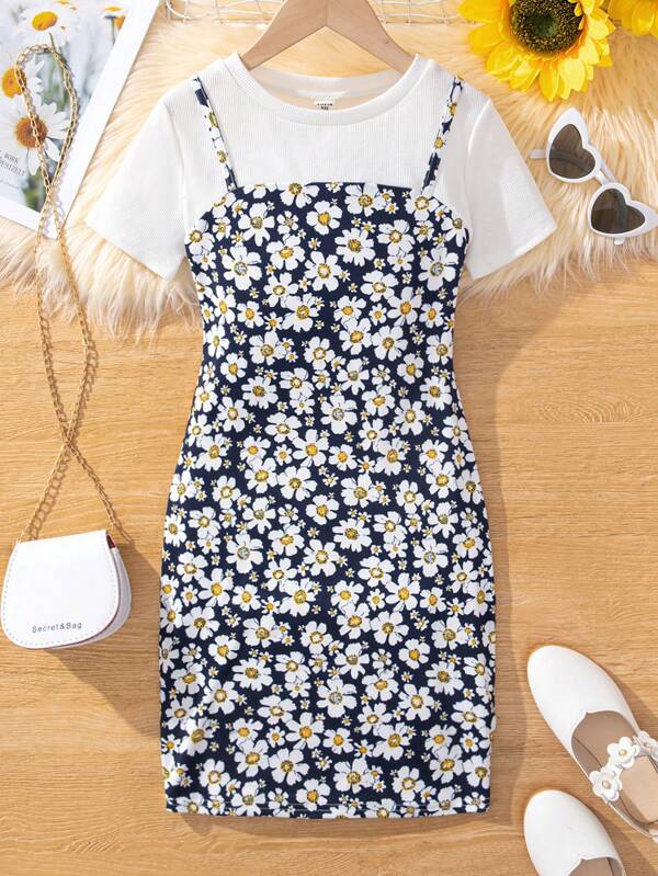 SHEIN Tween Girls' Knitted Solid Color Round Neck Splicing Floral Print 2 In 1 Style Dress With Shoulder Straps