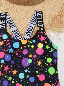 Tween Girl Star Printed Letter Detail Braided Strap Bikini Set - Multicolor - View 5