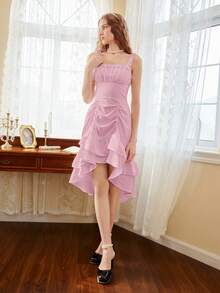 SHEIN MOD 女款百褶胸圍高低下擺吊帶連身裙,無腰帶 - 藕粉色 - 查看 5