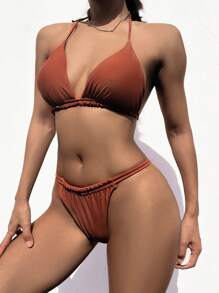 SHEIN Swim Ladies' Solid Color Bikini Set, Vacation Style Summer Beach - Multicolor - View 5