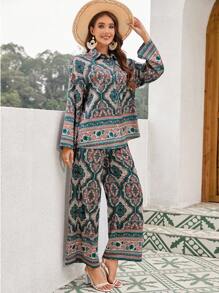 Seusyu 女士復古風印花度假兩件套裝 - 粉色 - 查看 4