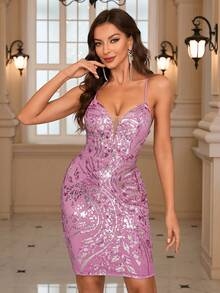 Women's Sequin Backless Spaghetti Strap Mini Dress - Pink - View 5