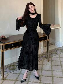 DAZY 植绒提花V领荷叶边下摆喇叭袖侧开衩连衣裙，生日舞会礼服，秋季长袖连衣裙，优雅女士连衣裙 - 黑色 - 查看 3