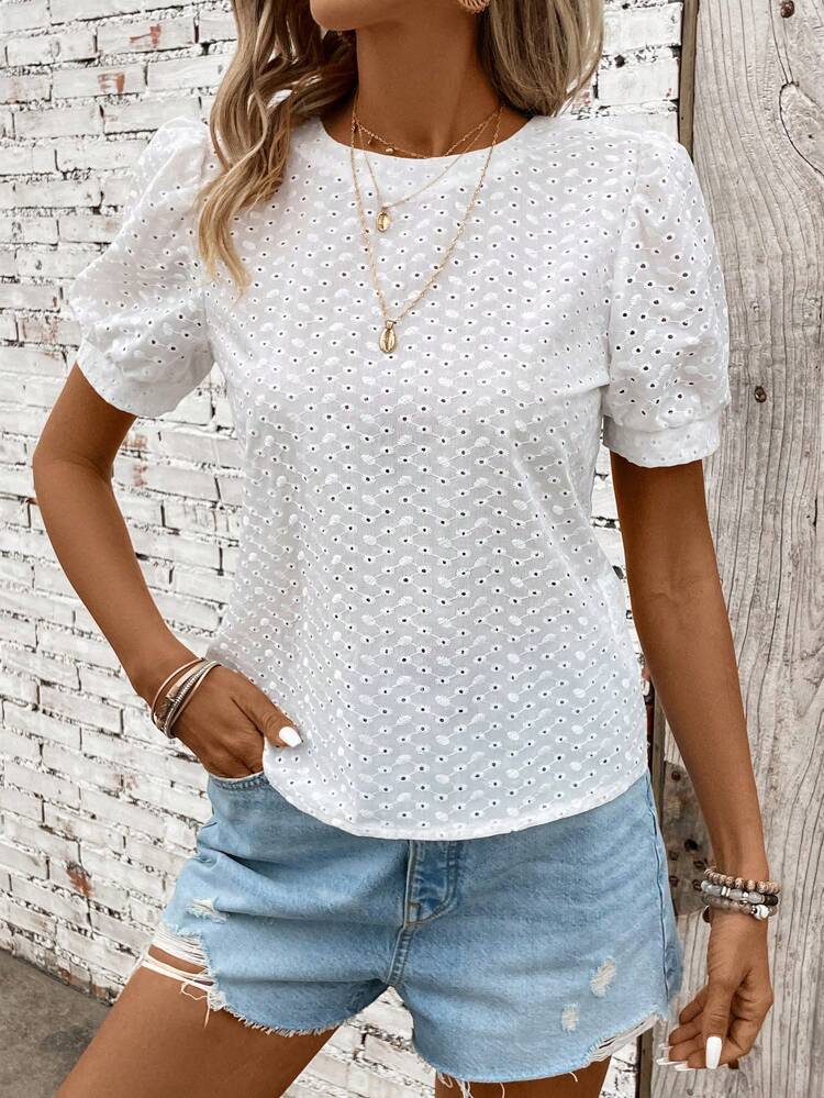 Solid Color Hollow Out Embroidery Detail Shirt With Back Button Decoration