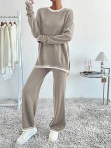 SHEIN LUNE Women's Contrast Color Decorated Long Sleeve Sweater And Knitted Pants Two-Piece Set - Multicolor - View 5