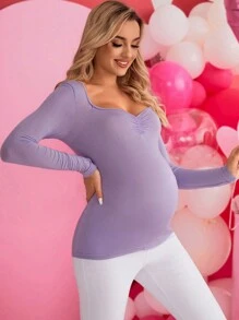SHEIN 孕婦心形領摺褶長袖t恤 - 紫色 - 查看 1