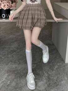 DAZY Women's Checkered Pattern Pleated Skirt - Chocolate Brown - View 7