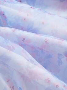 SHEIN MOD 整體花卉印花泡泡袖荷葉邊腰帶禮服裙 - 紫色 - 查看 4