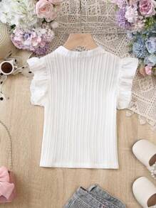 Tween Girl Contrast Lace Ruffle Trim Notched Neckline Blouse