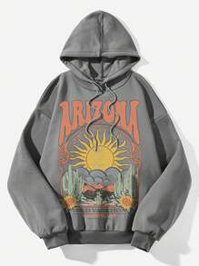 SHEIN EZwear Áo sweatshirt cỡ lớn, kiểu dáng tối giản, họa tiết hoa hướng dương và xương rồng ARIZONA, có dây rút, dành cho nữ, thích hợp cho mùa thu/đông. - Xám - Xem 1