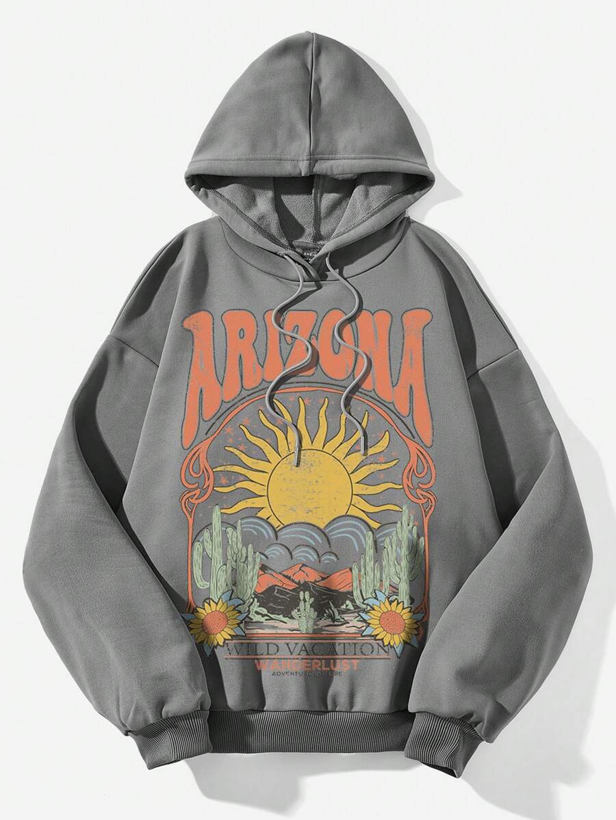 SHEIN EZwear Áo sweatshirt cỡ lớn, kiểu dáng tối giản, họa tiết hoa hướng dương và xương rồng ARIZONA, có dây rút, dành cho nữ, thích hợp cho mùa thu/đông. - Xám - Xem 1