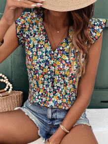 SHEIN Frenchy Camisa de cuello en V de estampado floral de verano con mangas abullonadas con volantes
