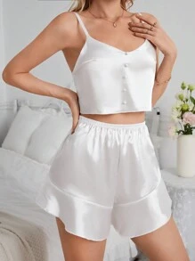 Conjunto De Pijama De Satén Decorado Con Botones Para Mujeres - Blanco - Ver 4