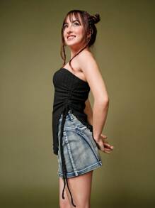 SHEIN MOD Einfarbiges geripptes Strick-Bandeau-Top mit Tunnelzug an der Seite - Schwarz - Übersicht 5