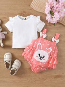 充滿波點印花的可愛兔子刺繡連體褲,搭配白色條紋上衣的嬰兒女孩2件套裝 - 彩色 - 查看 6