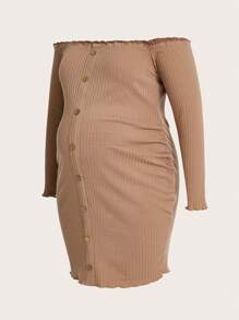 SHEIN Solid Color Off-Shoulder Long Sleeve Maternity Ribbed Dress - Khaki - View 5