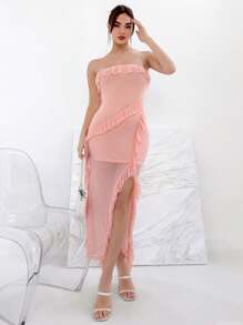 Aloruh Ladies' Mesh Ruffle Trim Strapless High Slit Pink Dress With Waistband Wedding Party Date Romantic