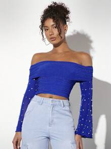 SHEIN BAE Women's Beaded Pearl Detail Off Shoulder Crop Top - Royal Blue - View 1