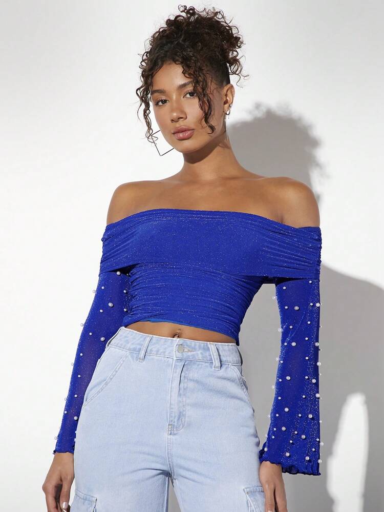Women's Beaded Pearl Detail Off Shoulder Crop Top