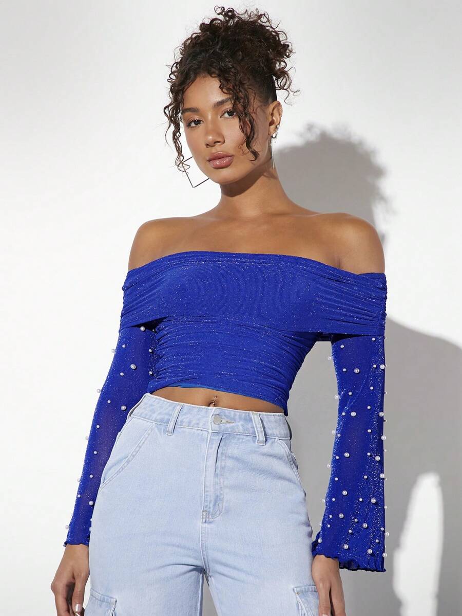 SHEIN BAE Women's Beaded Pearl Detail Off Shoulder Crop Top - Royal Blue - View 1
