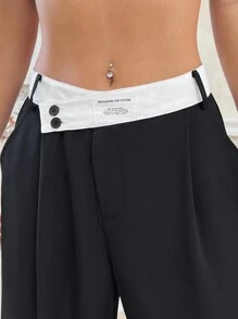 SHEIN EZwear 拼色腰部直筒西裝褲 - 黑與白 - 查看 4