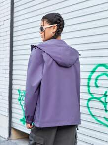 SHEIN Sports 帽裝字母印花外套,適用於戶外運動 - 紫色 - 查看 2