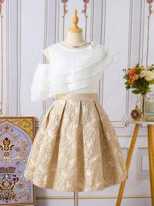 青少女荷葉邊不對稱領口上衣和凸起玫瑰紋理百褶裙 - 彩色 - 查看 1