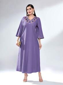 Modelyn Women's Geometric Embroidery Bell Sleeve Arabian Dress Long Evening Dresses