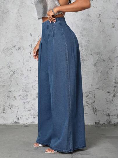 SHEIN SXY Pleated Wide Leg Denim Pants