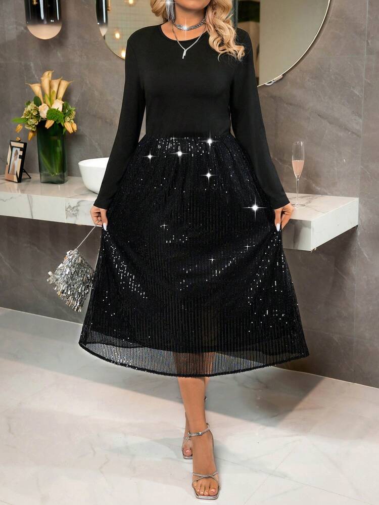 Plus Size Women's Sparkly Patchwork Long Sleeve Dress