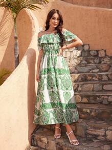 GENKIRA Vestido Con Cinturón Y Ribete De Volantes Con Hombros Descubiertos Y Estampado De Cachemira - Multicolor - Ver 7