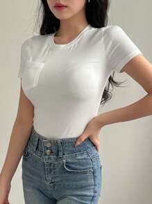 DAZY Women's Solid Color Round Neck Short Sleeve T-Shirt - White - View 3