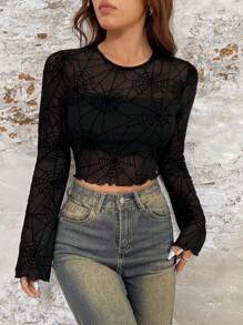 SHEIN EZwear 蜘蛛絨透視短上衣 - 黑色 - 查看 5