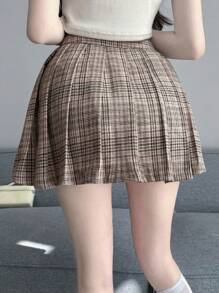 DAZY Women's Checkered Pattern Pleated Skirt - Chocolate Brown - View 4