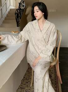 DAZY Women's Bamboo Print Side Knot Pajama Set - Khaki - View 4