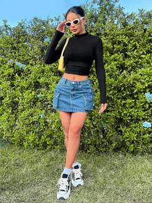 SHEIN EZwear 女款黑色針織修身t恤 - 黑色 - 查看 6