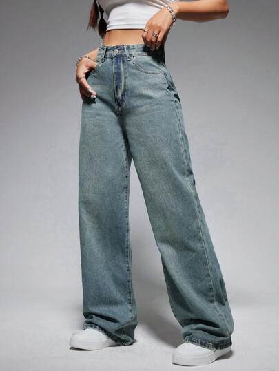 Jeanoix Washed Wide-Leg Jeans With Slanted Pockets Baggy Jeans Y2k