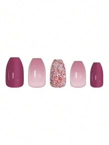 Obtenga el conjunto de  de 24 uñas postizas de forma de almendra mediana y larga, elegantes con efecto de degradado rosa y morado, con brillo y acabado brillante, adecuadas para fiestas, bailes y uso diario. Suministros de uñas de presión total. uñas falsas uña falsa uña acrílica