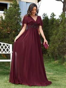 XUIBOL Handmade Beaded Embroidery Decorated V-Neck Chiffon A-Line Formal Evening Dress (Heavy Decor) Party Dress Wedding Guest Dress,Gown - Burgundy - View 6