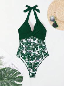 Swim Lushoire Women One-Pieces Backless Ruched Tie Back Tropis Random Print - MultiWarna - View 4