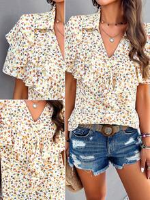 2024 Spring/Summer Casual Ditsy Floral Printed Ruffle Edged Shirt - White - View 6