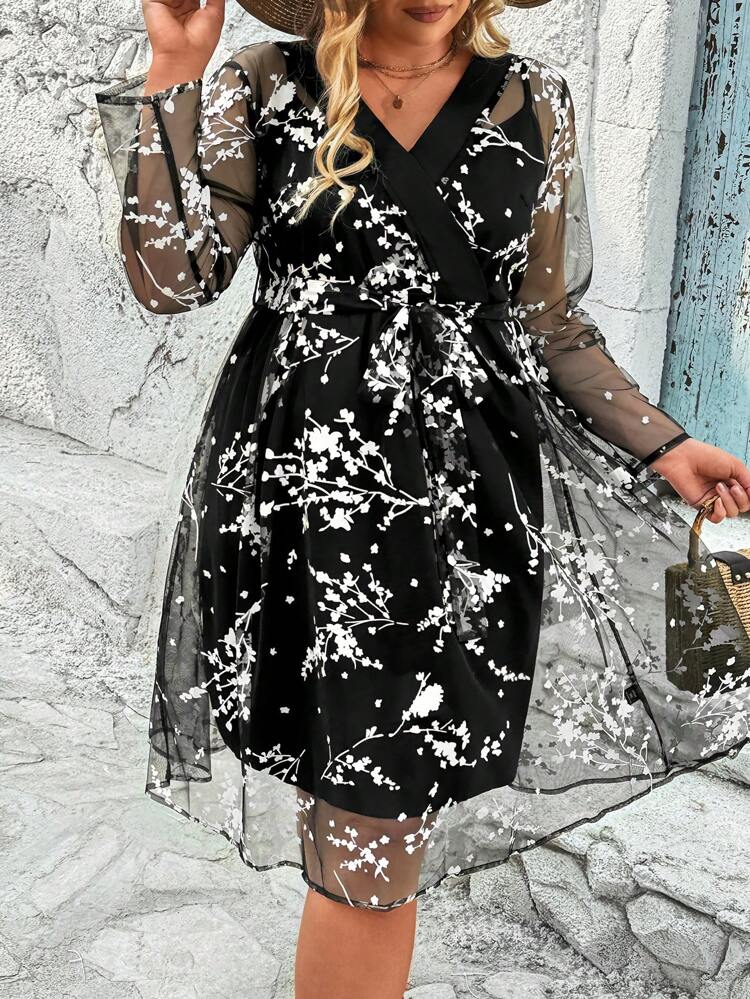 Plus Size Women's 2pcs/Set Plant Mesh Long Sleeve Dress And Cami Dress