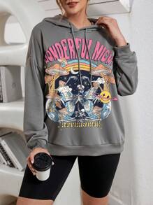 SHEIN EZwear 秋冬大码休闲印花连帽长袖女式卫衣 - 灰色 - 查看 3