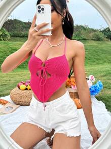 SHEIN Unity Hollow Out Halter Neck Knitted Top - Hot Pink - View 4