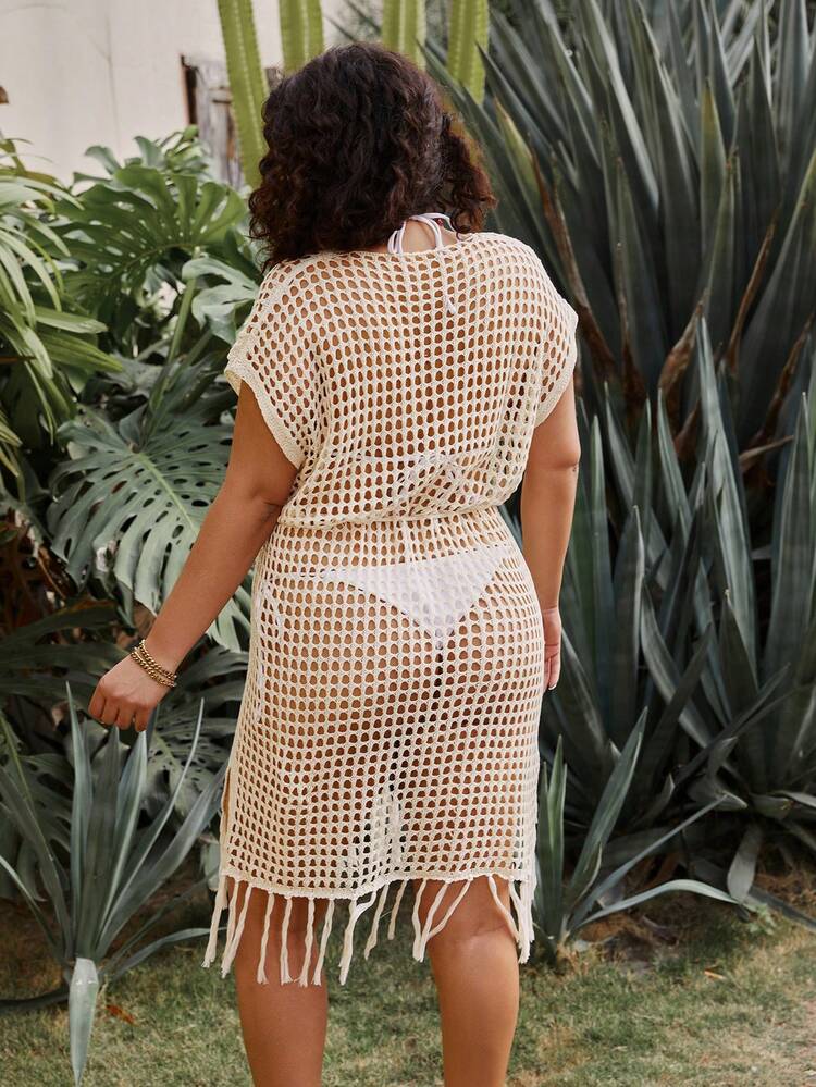Plus Size 1pc Deep V-Neck Hollow Out Knitted Sweater Dress