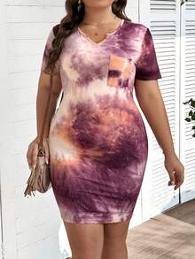 SHEIN LUNE Plus Size Women's Short Sleeve Short Length Tie Dye Print Dress With Notch V-Neck, Casual - Multicolor - View 4