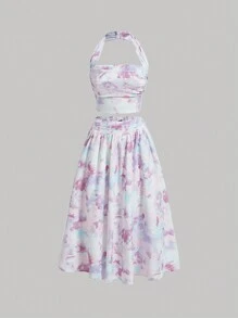 SHEIN MOD 女士印花荷葉邊露背上衣和裙子套裝